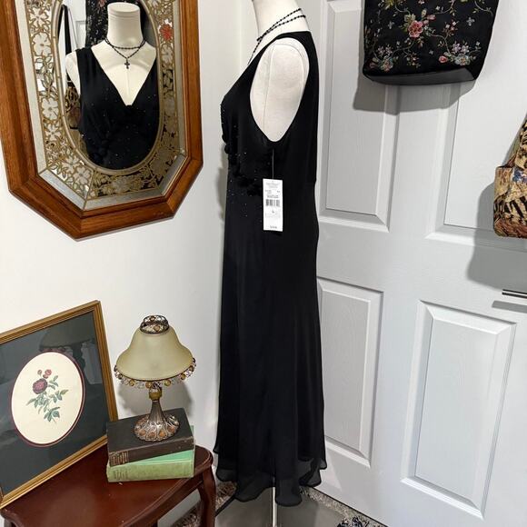 NWT VTG Y2K Karen Kane Black Silk Rosette Beaded Plunge Dark Fairy Maxi Dress L - Picture 4 of 8